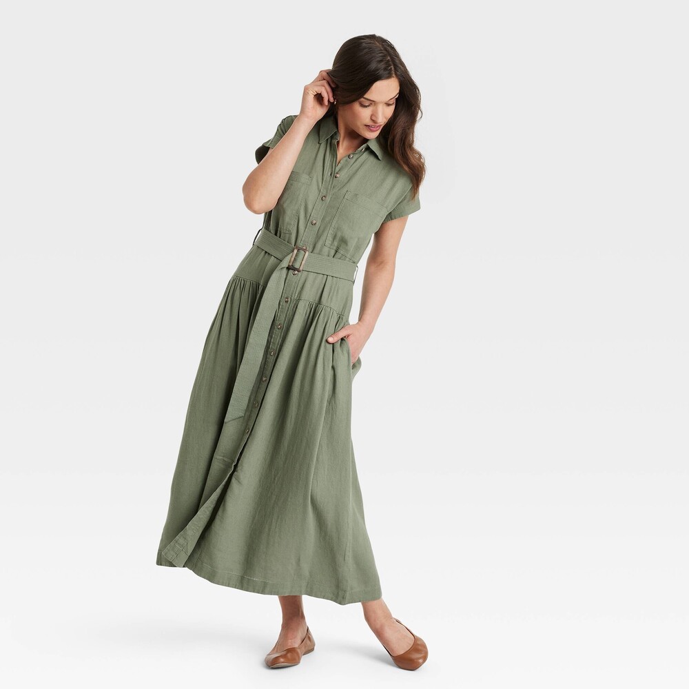 Universal Thread Olive Green Button-Front Belted Midi Dress